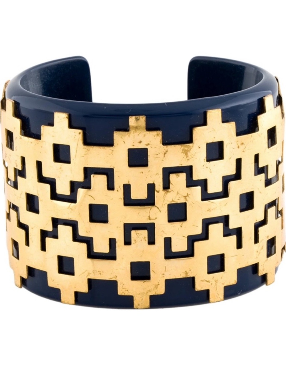 Tory Burch Navy Resin W/ Gold Geometric Overlay Cuff Bracelet 1960s Retro Mod